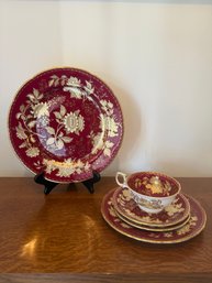 Wedgwood Tonquin Ruby Porcelain Tea Cup, Saucer, And Plate Set