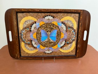 Vintage Brazilian Butterfly Wing And Feather Mosaic Inlay Wooden Serving Tray