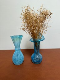Pair Of Blue Marbled Art Glass Vases With Decorative Forms