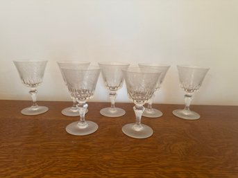 Set Of Vintage Baccarat Crystal Wine Glasses With Etched Bird And Floral Motifs