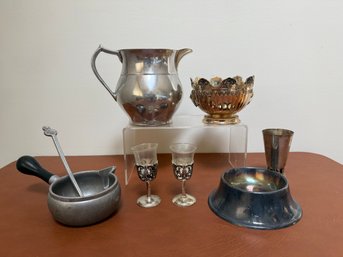 Various Vintage Silver-plated Items, Including Water Pitcher, Decorative Bowls, Goblets, And Small Ladle