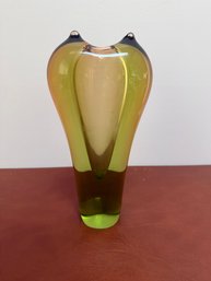 Vintage Murano Glass Vase With A Split Lip And Amber-green Sommerso Effect