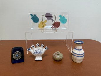 Vase Portuguese ELPA Alcobaca, Platter Fused Glass Dreidel, Bud Vase W/ Blue/Pink Striped Pattern, & More