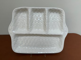 Vintage White Ceramic Divided Serving Tray With A Basketweave Texture.