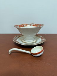 Antique Hand-painted Noritake Porcelain Gravy Boat Set With Ladle.