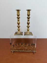 Pair Of Brass Candlesticks And A Modernist Brass Menorah With Figures
