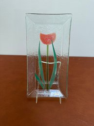 Rectangular Fused Glass Dish With A Painted Tulip Design And Artist Signature.