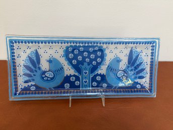 Andreas Meyer Art Glass Dish With Folk Art Birds And Tree Motif