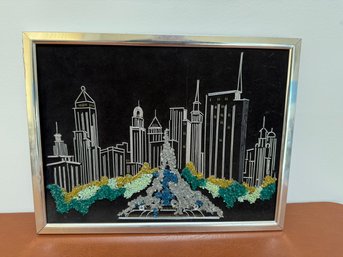 Framed Mixed-media Cityscape Art With Wire Buildings And Gemstone Foreground.