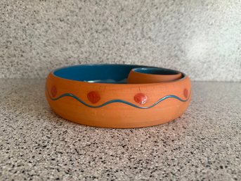 Terracotta Chip And Dip Serving Bowl With Blue Glaze And Red Accents