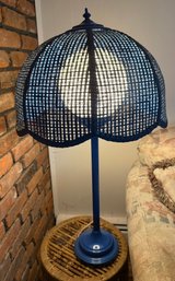Vintage Dark Blue Woven Table Lamp With A Ribbed Stem And Base