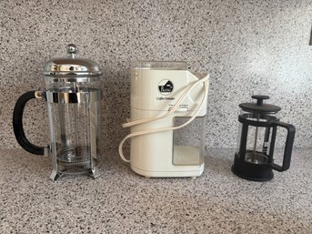 Bodum French Presses And A White La Pavoni Electric Coffee Grinder