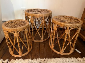 A Set Of Three Vintage Bamboo And Rattan Stools Or Side Tables.