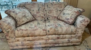 Broyhill Two-Seater Sofa With Abstract Patterned Upholstery And Two Throw Pillows