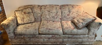 Broyhill Three-seater Sofa With Abstract Patterned Upholstery And Two Throw Pillows