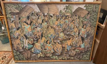 Traditional Balinese Market Scene Painting With Bamboo Framing By NY Lasia Padangtegal Ubud Bali