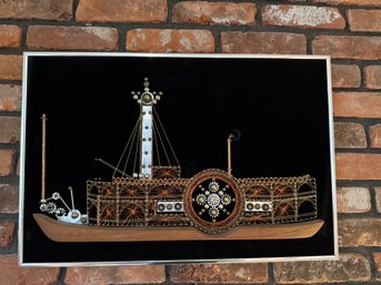 Framed Mid-century Steamboat String Art On Black Velvet