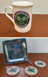 The Championship Wimbledon Mug, Tennis Coasters, & Pewter Serving Platter With Tennis Racket Handle