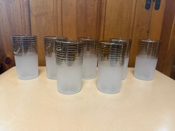 Set Of Six Vintage Frosted Highball Glasses With Silver Banding