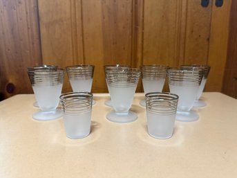 Vintage Frosted Liquor Glasses With Silver Banding