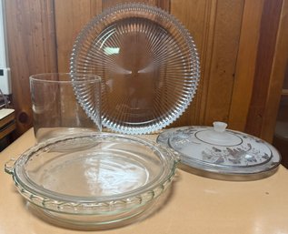 Glass Platters, Silver City Glass Sterling Silver Overlay Grape Vine Serving Dish With Lid, & Pyrex Pie Plates