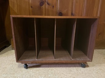 Vintage Wooden Record Storage Cabinet With Four Compartments And Casters