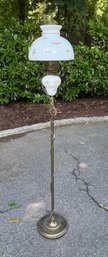 Vintage Brass Floor Lamp With A Hand-painted Floral Milk Glass Shade