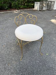 Vintage Gold-toned Metal Vanity Stool With White Upholstered Seat.