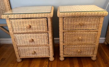 Pair Of Late 20th-century Wicker Nightstands With Glass Tops.