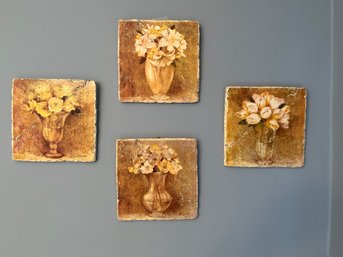 4 Ceramic Tiles, Flower Still Lifes, By Albena