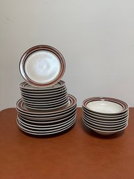 Vintage Catalina Stoneware Dinner Plates And Bowls With Brown Banding