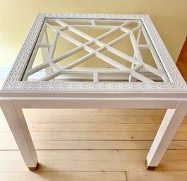White Hollywood Regency Style Side Table With Glass Top And Fretwork Apron