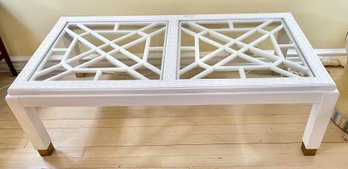White Hollywood Regency Style Coffee Table With Glass Top And Fretwork Apron.