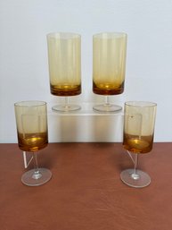 Set Of Four Vintage Amber Krosno Glass Goblets And Wine Glasses