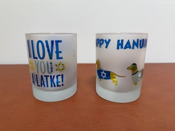 Frosted Glasses With Hanukkah And Latke-themed Graphics