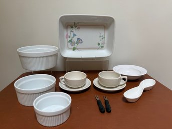 Kitchen Items: Rectangular Serving Dish, Various White Ceramic Oven Dishes, Bowls, Cups/saucers & Unique Forks