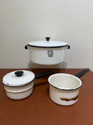 Vintage White Enamelware Pots And Pans With Black Trim