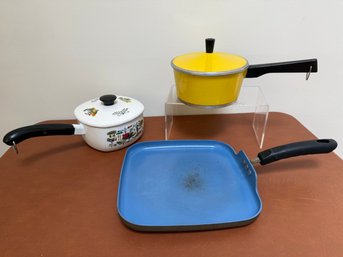 MCM Style Enamelware Sauce Pan Harvest Themed, Tools For Cooking Denmark Yellow Pot, & Graham Kerr Griddle Pan