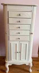 Distressed Off-white Floor-standing Jewelry Armoire With Drawers And Doors.