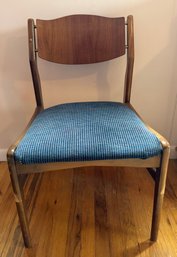 Mid-century Modern Walnut Chair With Blue And White Upholstered Seat