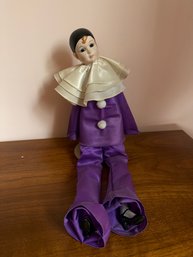 Vintage Porcelain Pierrot Clown Doll In A Purple Satin Costume