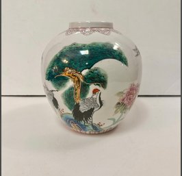Antique Chinese Famille Rose Jar Vase Poem Early Republic Period Heron