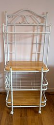 Vintage White Metal Baker's Rack With Wooden Shelves And Casters