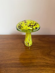 Decorative Blown Glass Mushroom Figurine With Yellow And Brown Speckles.