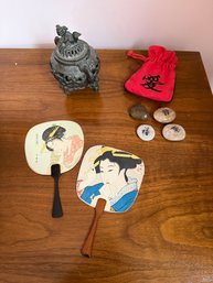 Japanese Fan Post Cards, Stones With Japanese Sayings & Vintage Cast Metal Incense Burner With Foo Dog Finial