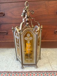 Hanging Lantern With Frosted Floral Yellow Glass Panels
