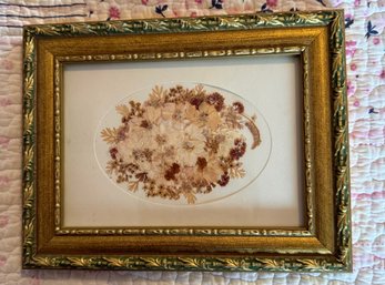 Vintage Framed Pressed Flower Arrangement With An Oval Mat And Ornate Frame