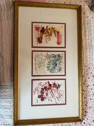 Framed Triptych Of Abstract Watercolors Signed By L. Jaffe