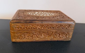 Vintage Indian Hand-carved Wooden Trinket Box With Bone Inlay