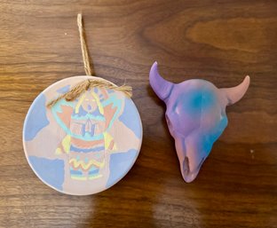 Southwest Native American Clay Pottery Ornament, & Bohemian Bull Skull